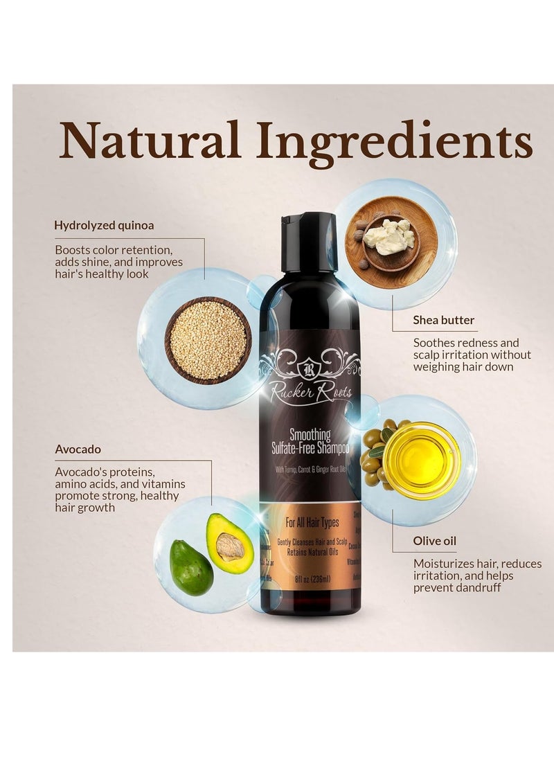Rucker Roots Smoothing Sulfate Free Shampoo |Ginger, Turnip, Carrot Root Oils| For All Hair Types| Gentle Cleanser| Shea Butter| Argan Oil| Cocoa Seed Butter| Antioxidants