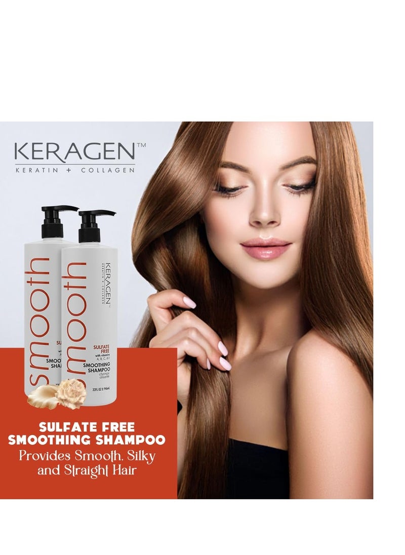 KERAGEN - Smoothing Shampoo with Keratin and Collagen for All Hair Types, Sulfate Free, 32 Oz - Moisturizes, Strengthens, Protects Color and Repair - Panthenol, Vitamins, and Jojoba Oil