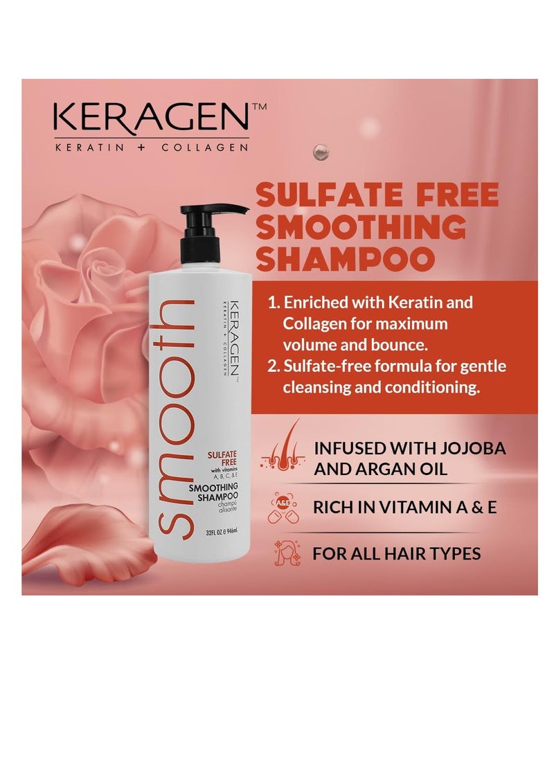 KERAGEN - Smoothing Shampoo with Keratin and Collagen for All Hair Types, Sulfate Free, 32 Oz - Moisturizes, Strengthens, Protects Color and Repair - Panthenol, Vitamins, and Jojoba Oil
