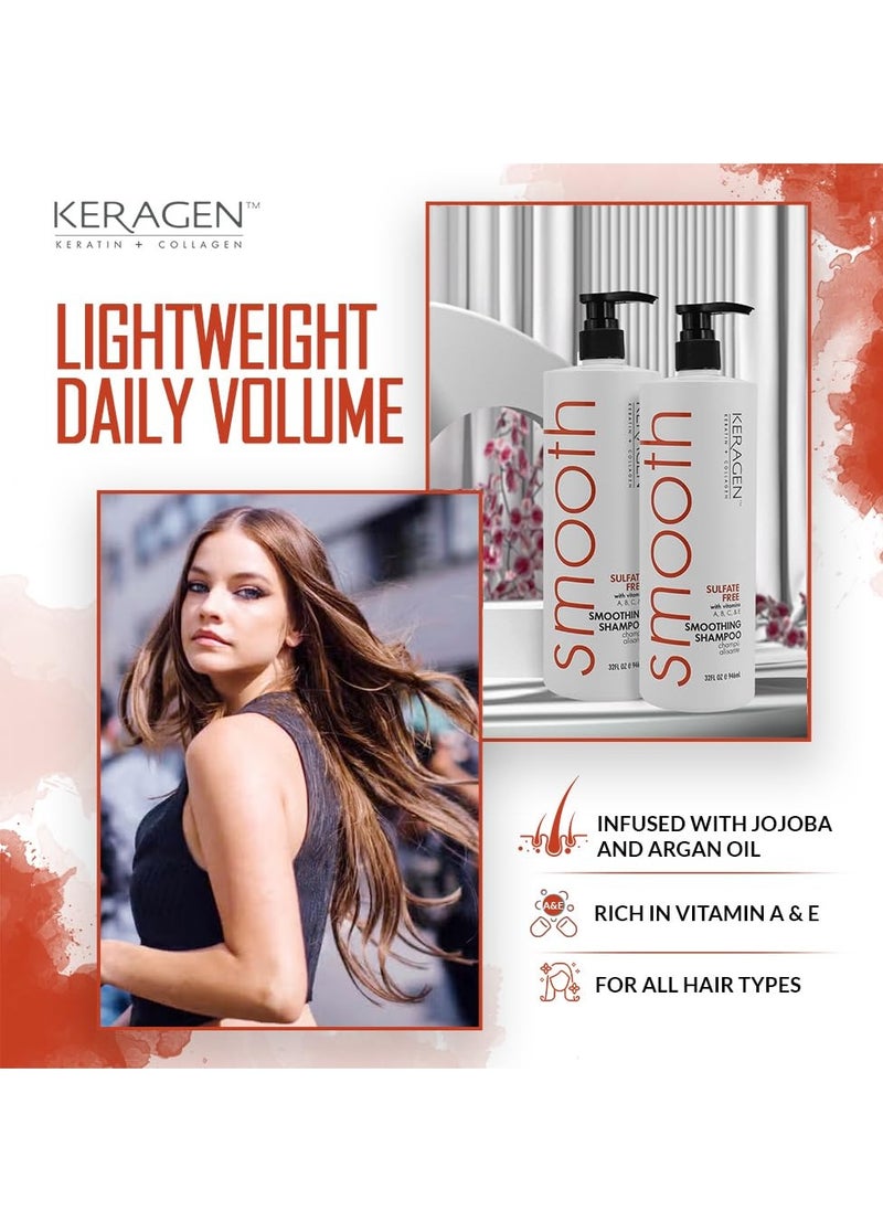 KERAGEN - Smoothing Shampoo with Keratin and Collagen for All Hair Types, Sulfate Free, 32 Oz - Moisturizes, Strengthens, Protects Color and Repair - Panthenol, Vitamins, and Jojoba Oil