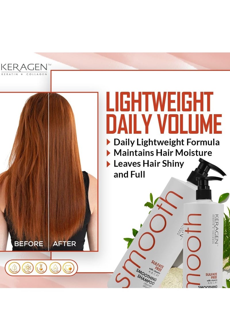 KERAGEN - Smoothing Shampoo with Keratin and Collagen for All Hair Types, Sulfate Free, 32 Oz - Moisturizes, Strengthens, Protects Color and Repair - Panthenol, Vitamins, and Jojoba Oil