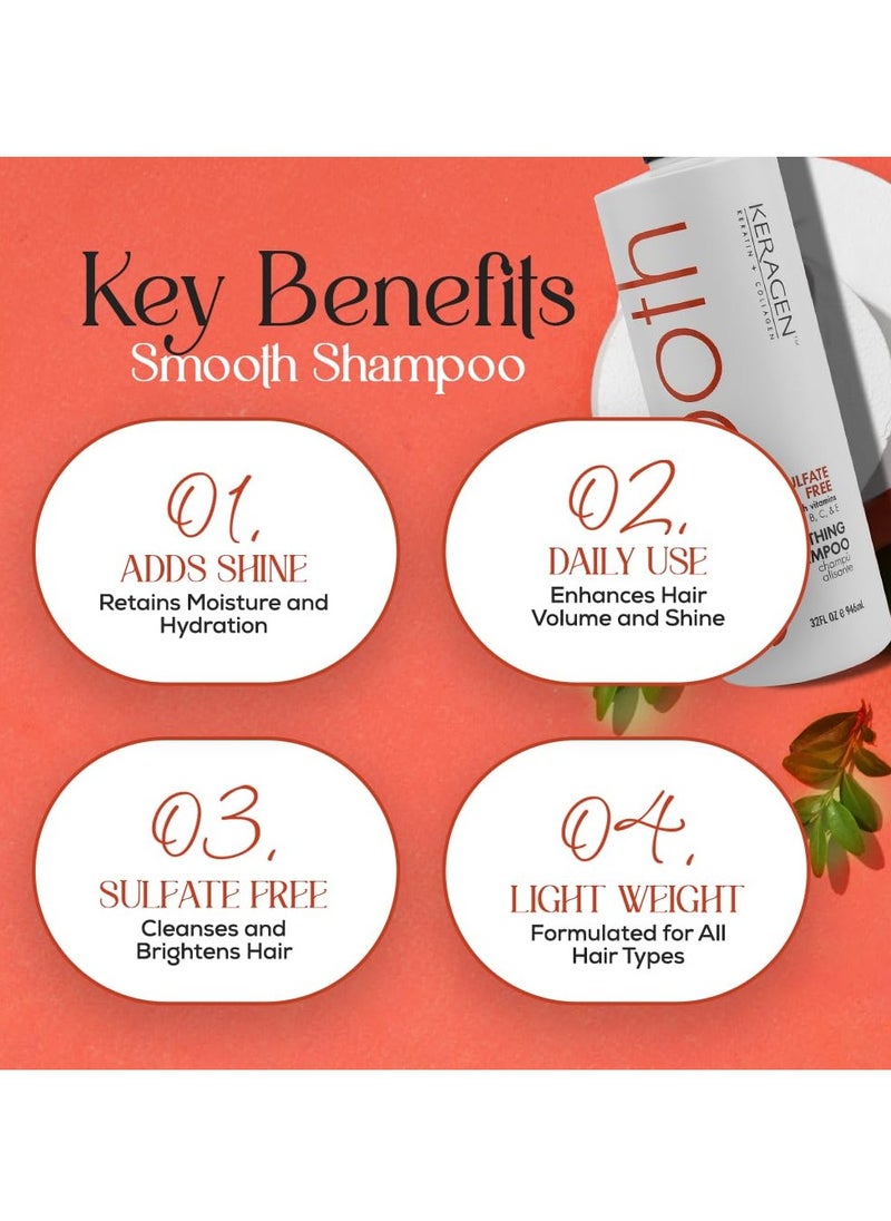 KERAGEN - Smoothing Shampoo with Keratin and Collagen for All Hair Types, Sulfate Free, 32 Oz - Moisturizes, Strengthens, Protects Color and Repair - Panthenol, Vitamins, and Jojoba Oil
