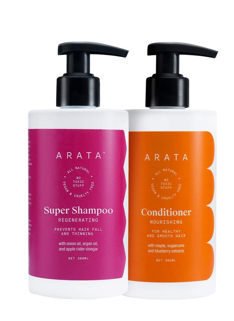 Arata Hair Fall Control Combo With Onion Oil, Argan Oil & Bhringraj || Power Of 5 In 1 Super Shampoo (300 Ml) And Conditioner || All-Natural & Cruelty-Free