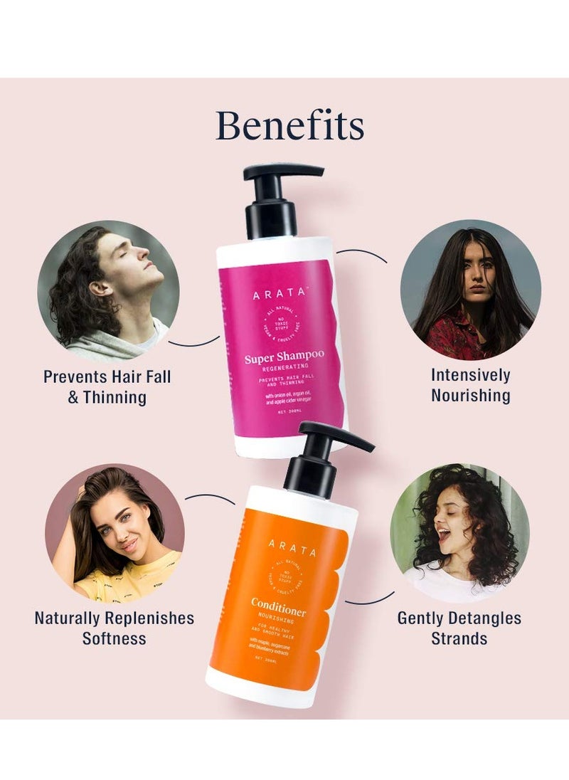 Arata Hair Fall Control Combo With Onion Oil, Argan Oil & Bhringraj || Power Of 5 In 1 Super Shampoo (300 Ml) And Conditioner || All-Natural & Cruelty-Free