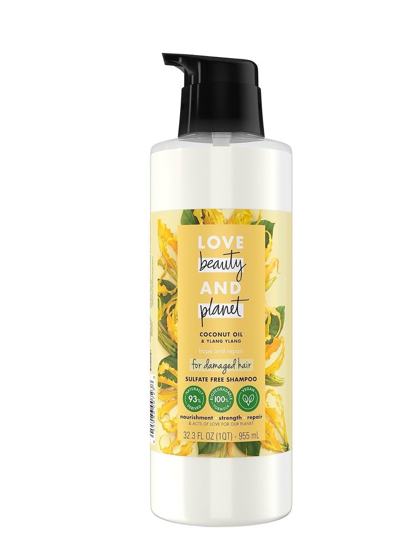 Love Beauty and Planet Coconut Oil & Ylang Hope and Repair Sulfate-Free Shampoo for Split Ends, Dry & Damaged Hair, Paraben, Silicone, Dye, Cruelty, Phthalate-Free, 32.3 oz