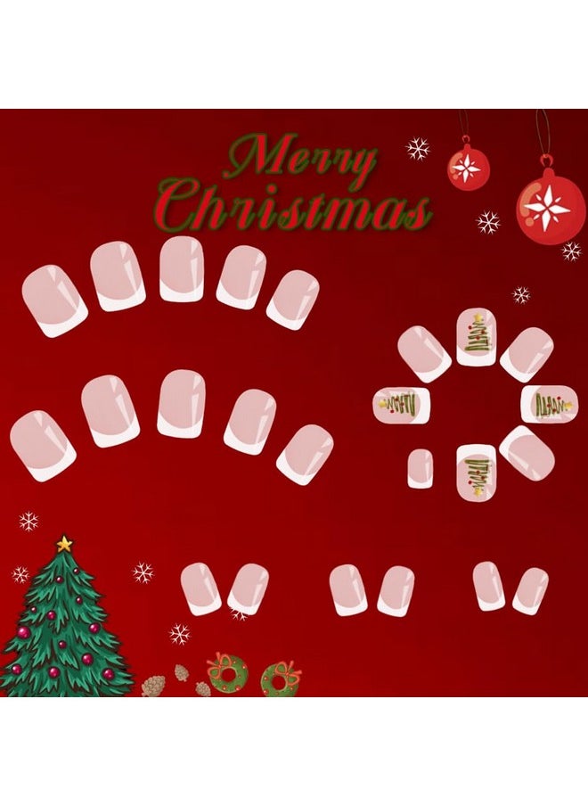 Christmas Press On Nails Short, French Christmas Fake Nails Square Coffin Press On Nail Tips With Xmas Tree Winter Designs Full Cover False Acrylic Nails Glossy For Women Girls 24Pcs