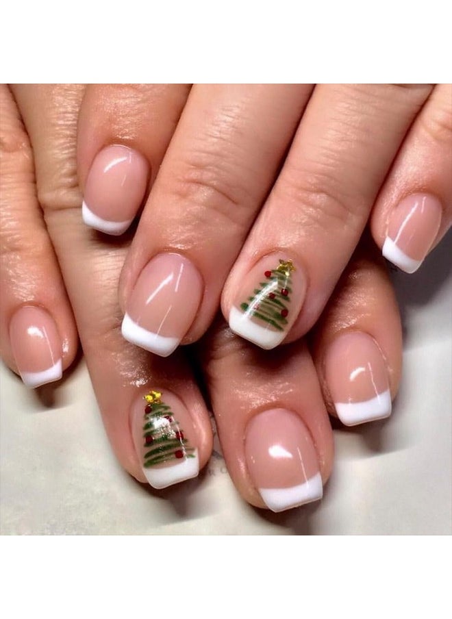 Christmas Press On Nails Short, French Christmas Fake Nails Square Coffin Press On Nail Tips With Xmas Tree Winter Designs Full Cover False Acrylic Nails Glossy For Women Girls 24Pcs