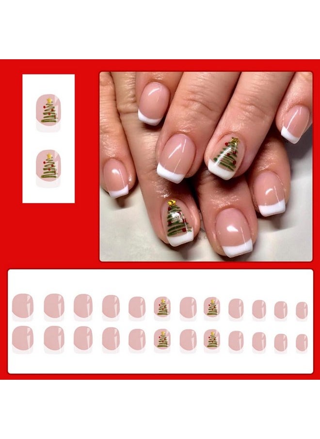 Christmas Press On Nails Short, French Christmas Fake Nails Square Coffin Press On Nail Tips With Xmas Tree Winter Designs Full Cover False Acrylic Nails Glossy For Women Girls 24Pcs