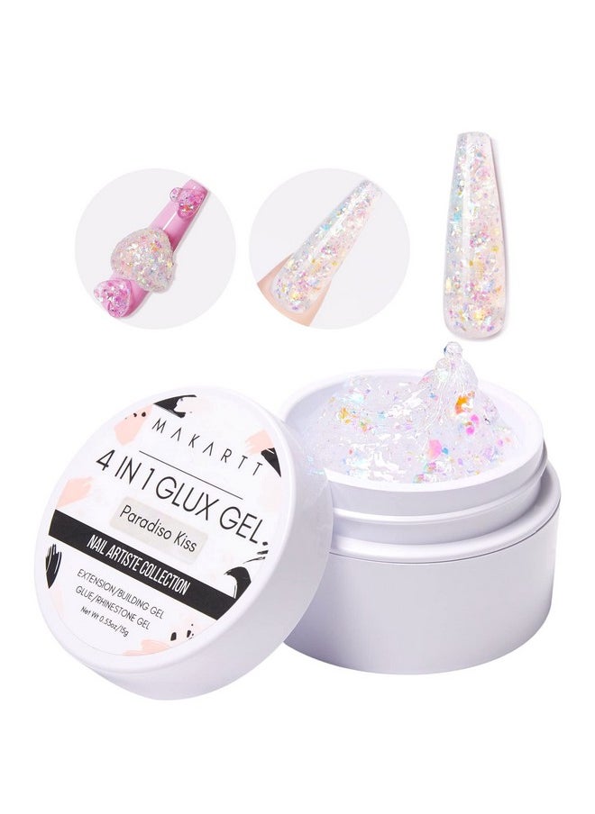 Solid Gel Nail Builder, Glitter Hard Gel For Nail Extension 15 Ml, Non-Sticky Hand 3D Nail Carving Sculpture Gel, Rhinestones Glue Gel Uv/Led Nail Lamp Required Paradiso Kiss 4 In 1 Glux Gel