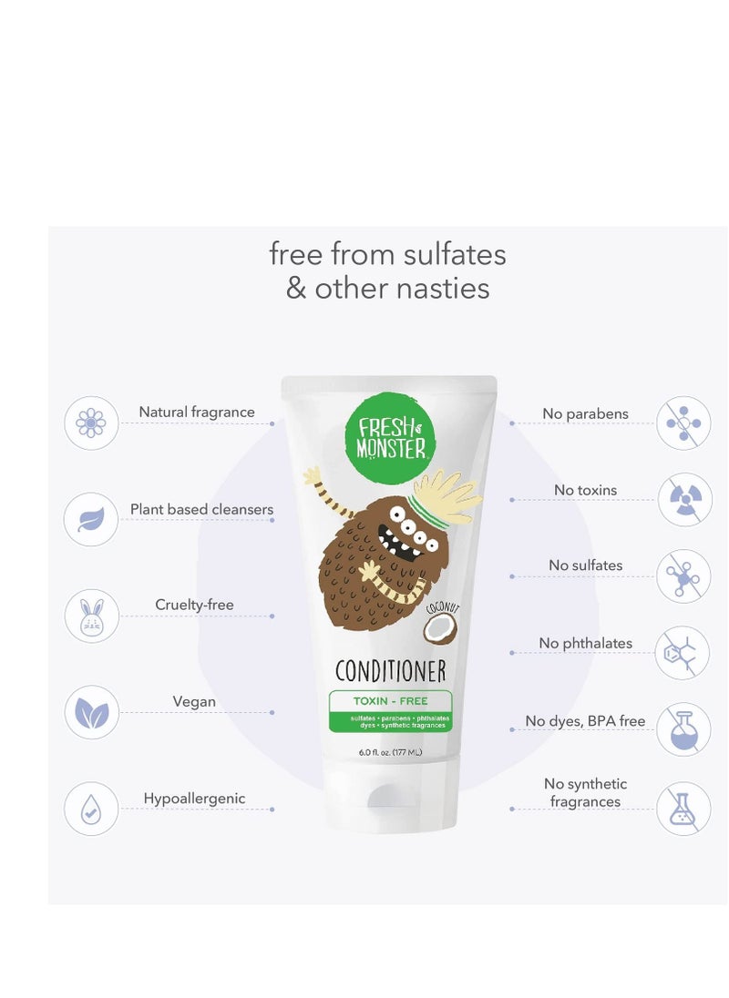 Fresh Monster Kids Hair Conditioner, Toxin-Free, Hypoallergenic & Natural, Hair Conditioner for Kids, Coconut (2 Pack, 6oz/each)