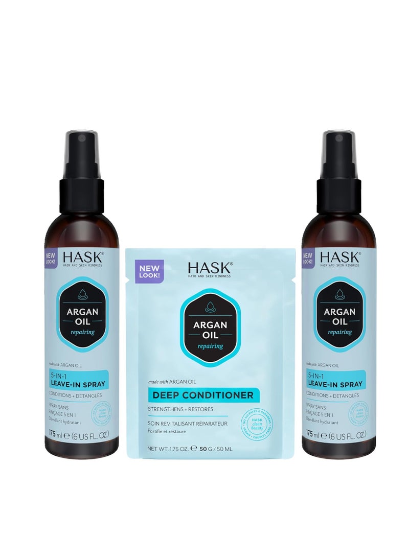 HASK Argan Oil 5-in-1 Leave-In Conditioner Duo (6oz-Qty 2) & Argan Oil Repairing Deep Conditioner Packette, Color Safe, Sulfate-Free, Paraben-Free, Gluten-Free, for All Hair Types