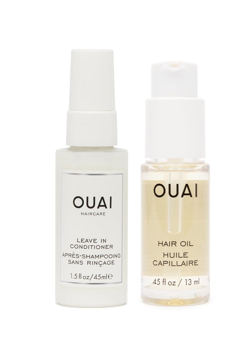 OUAI Travel-Size Hair Care Bundle - Leave-In Conditioner + Hair Oil - Hair Styling Products for Frizz Control, Heat Protection, Detangling, and Added Shine - (2 Count, 1.5 Oz/ 0.45 Oz)