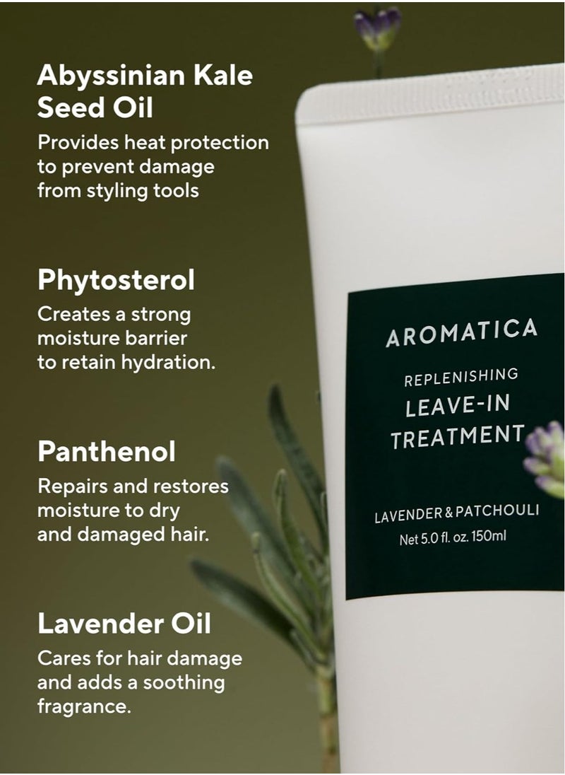 AROMATICA REPLENISHING LEAVE-IN TREATMENT LAVENDER & PATCHOULI 5.0fl oz/150ml - Silicone-Free Leave In Conditioner for Damaged Hair & Heat Protection, No-Rinse Formula