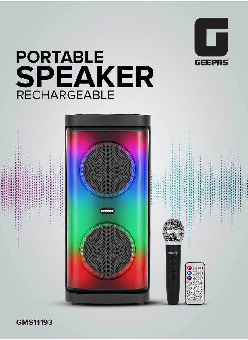 Rechargeable Portable Speaker| RGB Light, USB Input, TF, TWS, FM Radio, VHF Microphone, Bluetooth| 20000 W PMPO Speakers Unit, with Remote Control | Perfect for Parties, Events, Home Entertainment| 2 Years Warranty GMS11193 Black