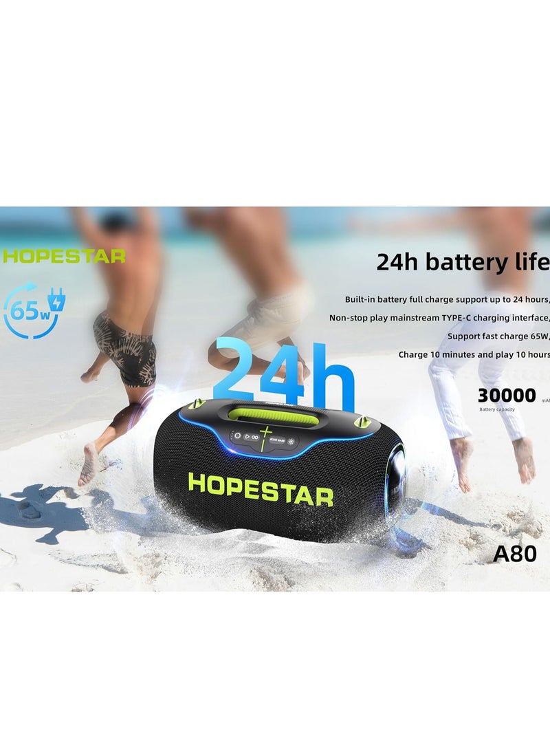 A80 350W Portable Bluetooth 5.3 Speaker with Wireless Mic, 24H Playtime, 30,000mAh Battery, RGB Lights, TWS, IPX6 Waterproof, EQ Control, 10M Range – Perfect for Outdoor Parties, Karaoke, and Events