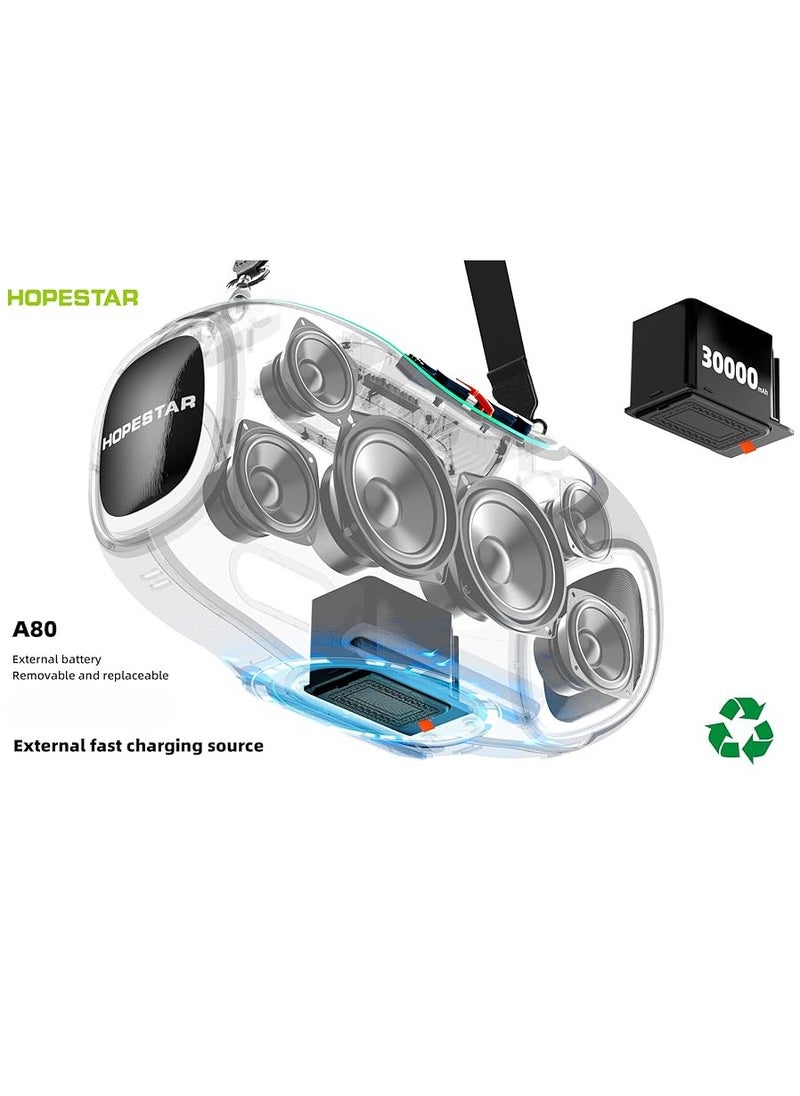 A80 350W Portable Bluetooth 5.3 Speaker with Wireless Mic, 24H Playtime, 30,000mAh Battery, RGB Lights, TWS, IPX6 Waterproof, EQ Control, 10M Range – Perfect for Outdoor Parties, Karaoke, and Events
