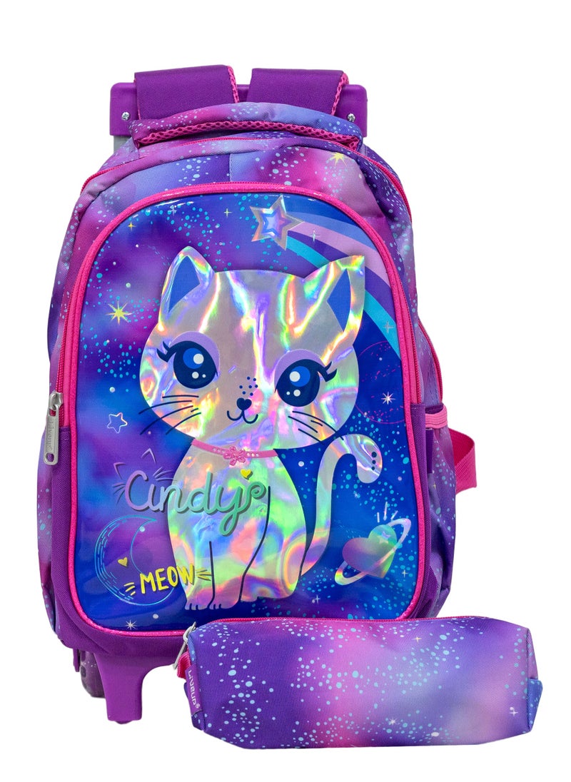 school trolley bag for girls purple colour with pencil case 34*26*9 cm