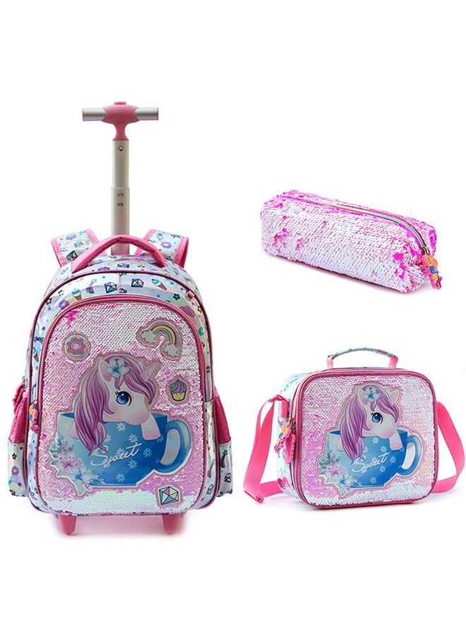 3PCS Rolling school Backpack for girls, 16-inch burden-reducing unicorn trolley schoolbag children's fantasy three-piece set