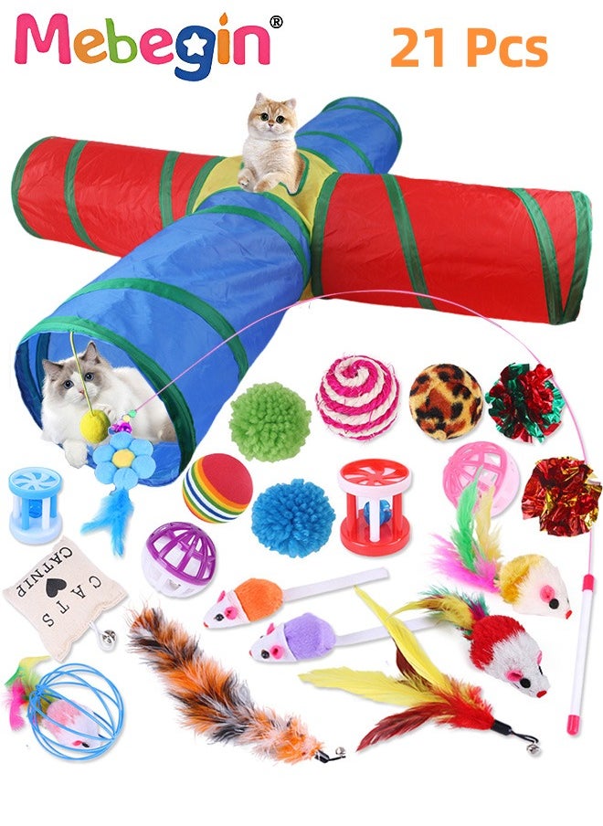 21PCS Cat Tunnel Set with Cat Teaser Stick, Cat Balls, Feather Toys and Other Cat toys, 4 Way Collapsible Cat Play Tunnel, Funny Interactive Cat Toys, Various Cat Enrichment Toys, Soft Safe Cat Toys