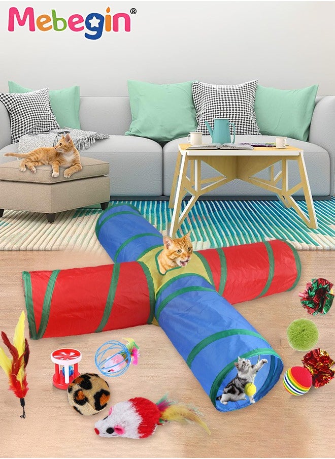 21PCS Cat Tunnel Set with Cat Teaser Stick, Cat Balls, Feather Toys and Other Cat toys, 4 Way Collapsible Cat Play Tunnel, Funny Interactive Cat Toys, Various Cat Enrichment Toys, Soft Safe Cat Toys