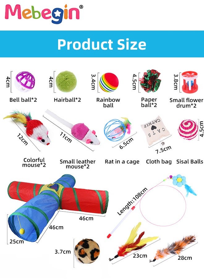 21PCS Cat Tunnel Set with Cat Teaser Stick, Cat Balls, Feather Toys and Other Cat toys, 4 Way Collapsible Cat Play Tunnel, Funny Interactive Cat Toys, Various Cat Enrichment Toys, Soft Safe Cat Toys