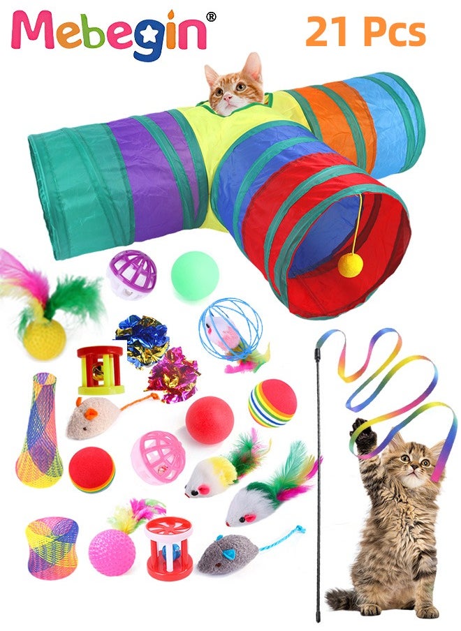 21PCS Cat Tunnel Set with Cat Teaser Stick, Cat Balls, Feather Toys and Other Cat toys, 3 Way Collapsible Cat Play Tunnel, Funny Interactive Cat Toys, Various Cat Enrichment Toys, Soft Safe Cat Toys