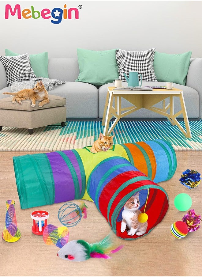 21PCS Cat Tunnel Set with Cat Teaser Stick, Cat Balls, Feather Toys and Other Cat toys, 3 Way Collapsible Cat Play Tunnel, Funny Interactive Cat Toys, Various Cat Enrichment Toys, Soft Safe Cat Toys