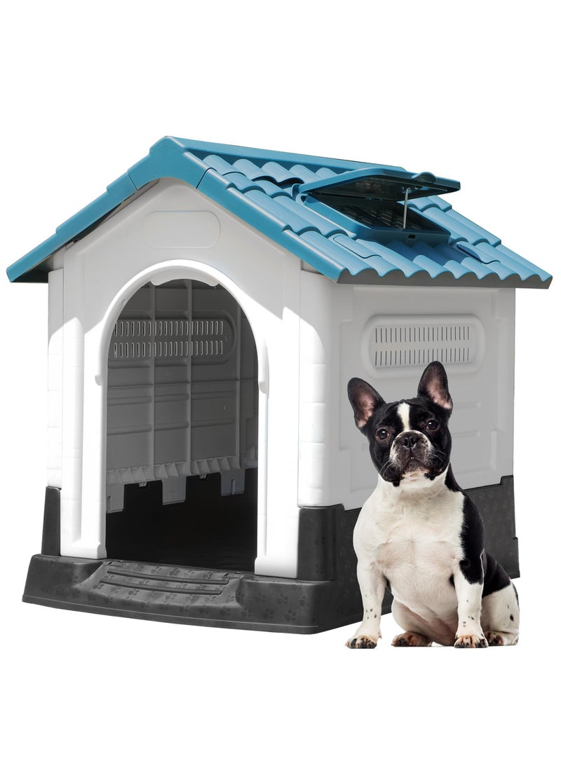 Folding Large Dog House Outdoor Plastic Doghouse with Adjustable Skylight and Elevated Base Water Resistant Pet House for Small Dogs 68*57*66cm