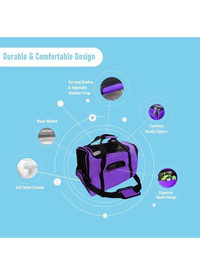 Pet Travel Carrier for Cats Dogs Puppies Bunny Breathable Mesh Foldable Pet Soft-Sided Carrier with Zippers and Strip Pet Bag for Car Plane Trains Traveling (Purple)