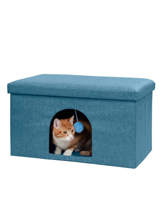 Furhaven Pet House for Indoor Cats & Medium/Small Dogs, Collapsible & Foldable w/ Plush Ball Toy - Living Room Ottoman Cat Condo - Ocean Blue, Large