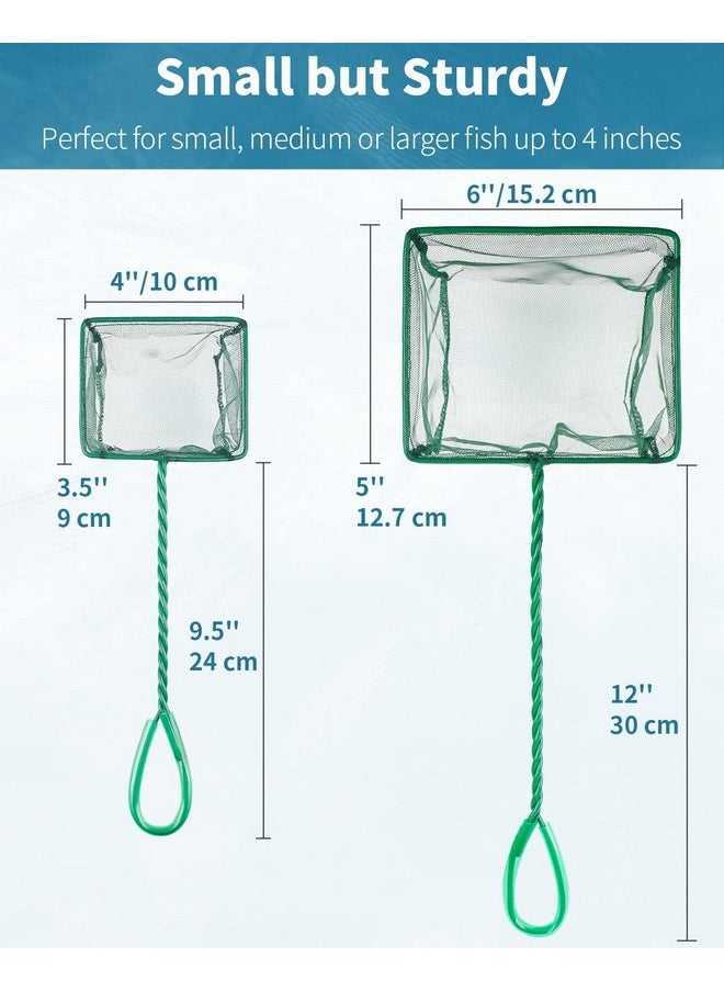 Pawfly 4 & 6 Inch Aquarium Fish Net Set with Braided Metal Handle Square Green Net with Soft Fine Mesh Sludge Food Residue Wastes Skimming Cleaning Net for Fish Tanks Small Koi Ponds and Pools
