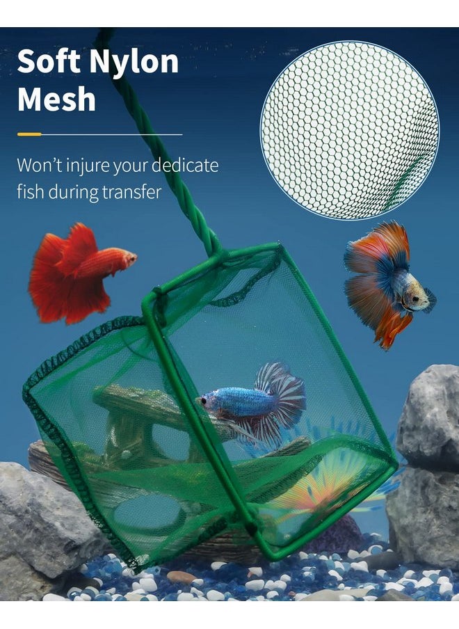 Pawfly 4 & 6 Inch Aquarium Fish Net Set with Braided Metal Handle Square Green Net with Soft Fine Mesh Sludge Food Residue Wastes Skimming Cleaning Net for Fish Tanks Small Koi Ponds and Pools