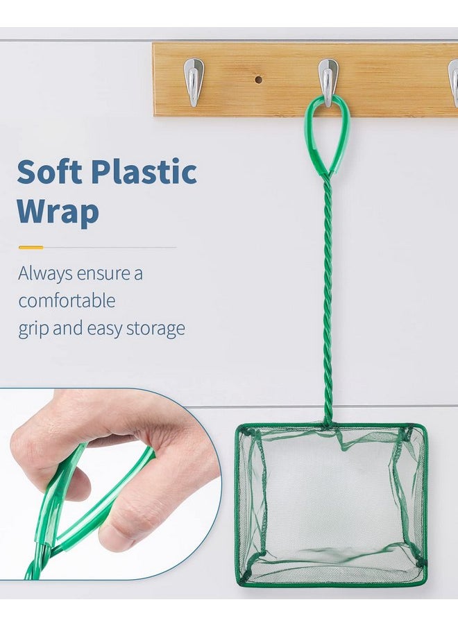 Pawfly 4 & 6 Inch Aquarium Fish Net Set with Braided Metal Handle Square Green Net with Soft Fine Mesh Sludge Food Residue Wastes Skimming Cleaning Net for Fish Tanks Small Koi Ponds and Pools