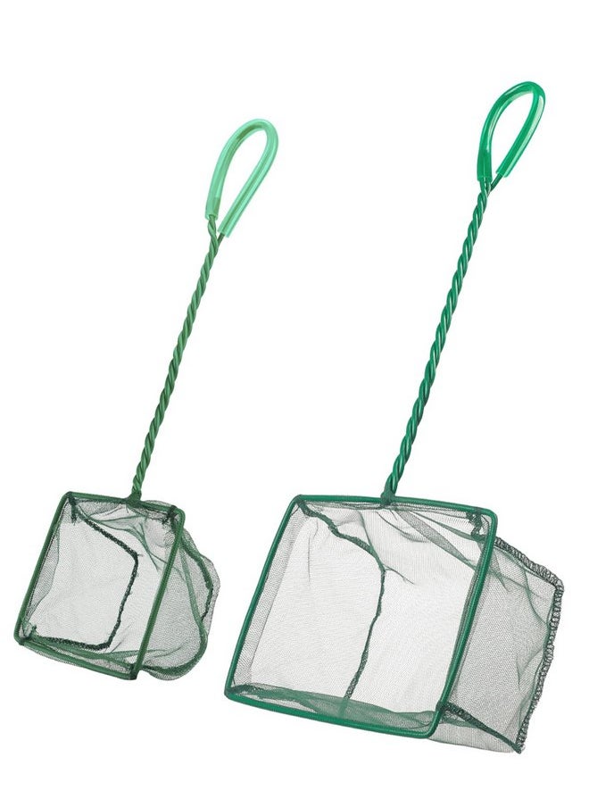 Pawfly 4 & 6 Inch Aquarium Fish Net Set with Braided Metal Handle Square Green Net with Soft Fine Mesh Sludge Food Residue Wastes Skimming Cleaning Net for Fish Tanks Small Koi Ponds and Pools