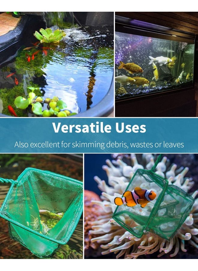 Pawfly 4 & 6 Inch Aquarium Fish Net Set with Braided Metal Handle Square Green Net with Soft Fine Mesh Sludge Food Residue Wastes Skimming Cleaning Net for Fish Tanks Small Koi Ponds and Pools