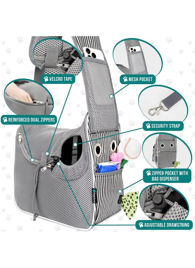 PetAmi Small Dog Sling Carrier, Soft-Sided Crossbody Puppy Carrying Purse Bag, Adjustable Sling Pet Pouch to Wear Medium Cat Travel, Dog Bag for Traveling Breathable, Poop Bag Dispenser, Stripe Black