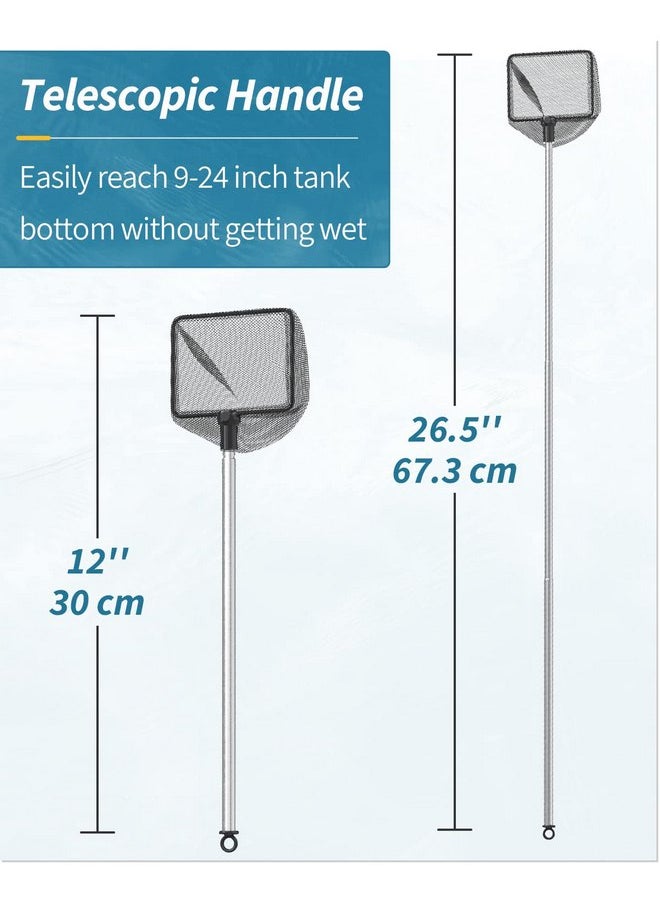 Pawfly 3 Inch Aquarium Fish Net with Telescopic Stainless Steel Handle Small Square Net with Soft Fine Mesh Sludge Food Residue Wastes Skimming Cleaning Net for Fish Tanks Small Koi Ponds and Pools