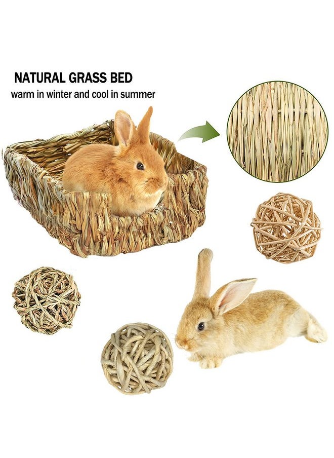 Hamiledyi Rabbit Grass Bed for Bunny, 21 Pcs Rabbit Chew Toys for Teeth Grinding Sweet Bamboo Timothy Stick Woven Grass Ball Pine Cone Natural Straw Bedding for Guinea Pig Hamster Chinchilla