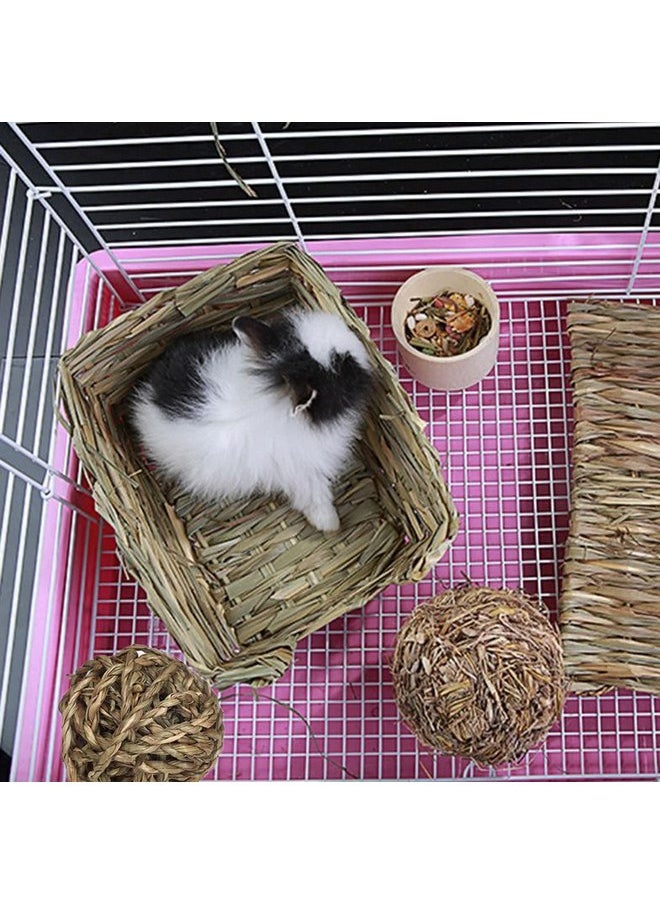 Hamiledyi Rabbit Grass Bed for Bunny, 21 Pcs Rabbit Chew Toys for Teeth Grinding Sweet Bamboo Timothy Stick Woven Grass Ball Pine Cone Natural Straw Bedding for Guinea Pig Hamster Chinchilla