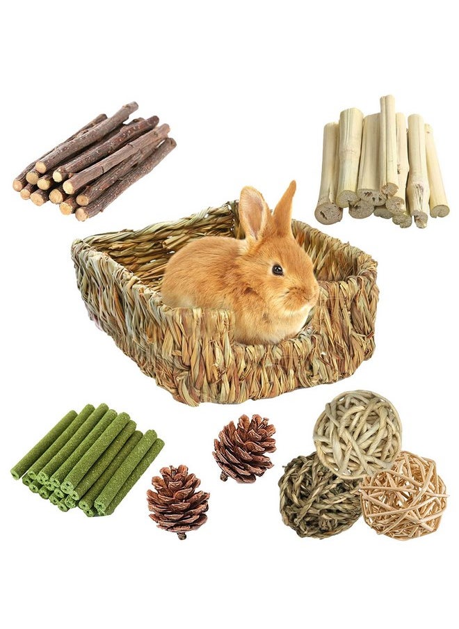 Hamiledyi Rabbit Grass Bed for Bunny, 21 Pcs Rabbit Chew Toys for Teeth Grinding Sweet Bamboo Timothy Stick Woven Grass Ball Pine Cone Natural Straw Bedding for Guinea Pig Hamster Chinchilla