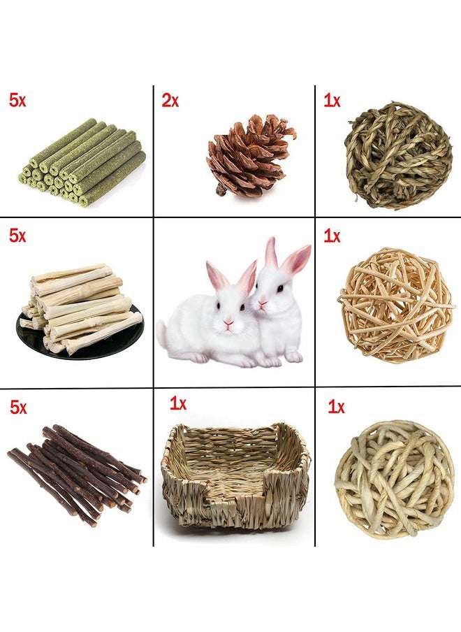 Hamiledyi Rabbit Grass Bed for Bunny, 21 Pcs Rabbit Chew Toys for Teeth Grinding Sweet Bamboo Timothy Stick Woven Grass Ball Pine Cone Natural Straw Bedding for Guinea Pig Hamster Chinchilla