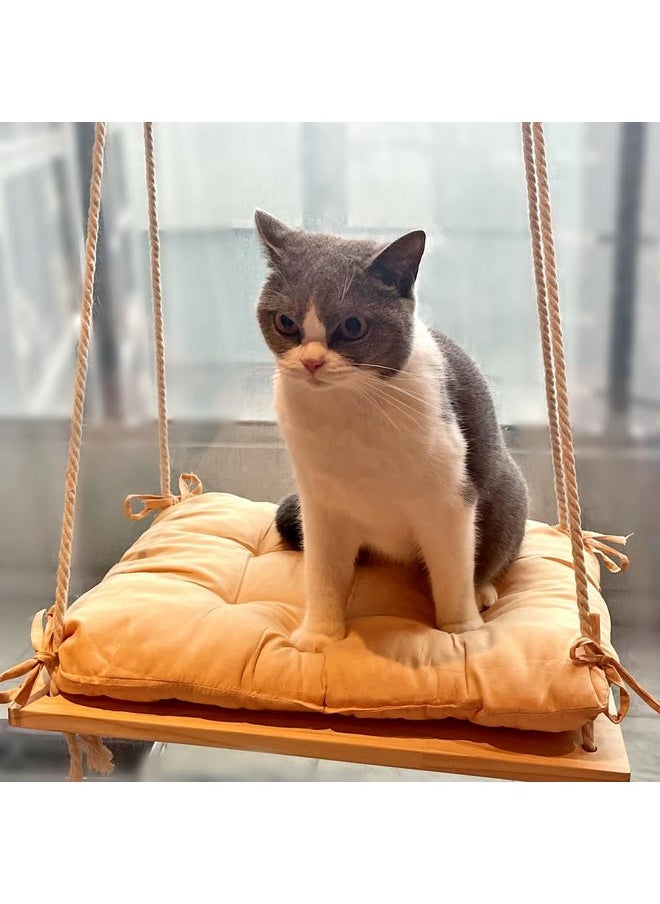 Cat Window Perch, Cat Window Rack with Gunny Rope and Thick Cushion, Wooden Cat Window Hammock, Furniture for Cats - Hanging Window Shelf for Cats
