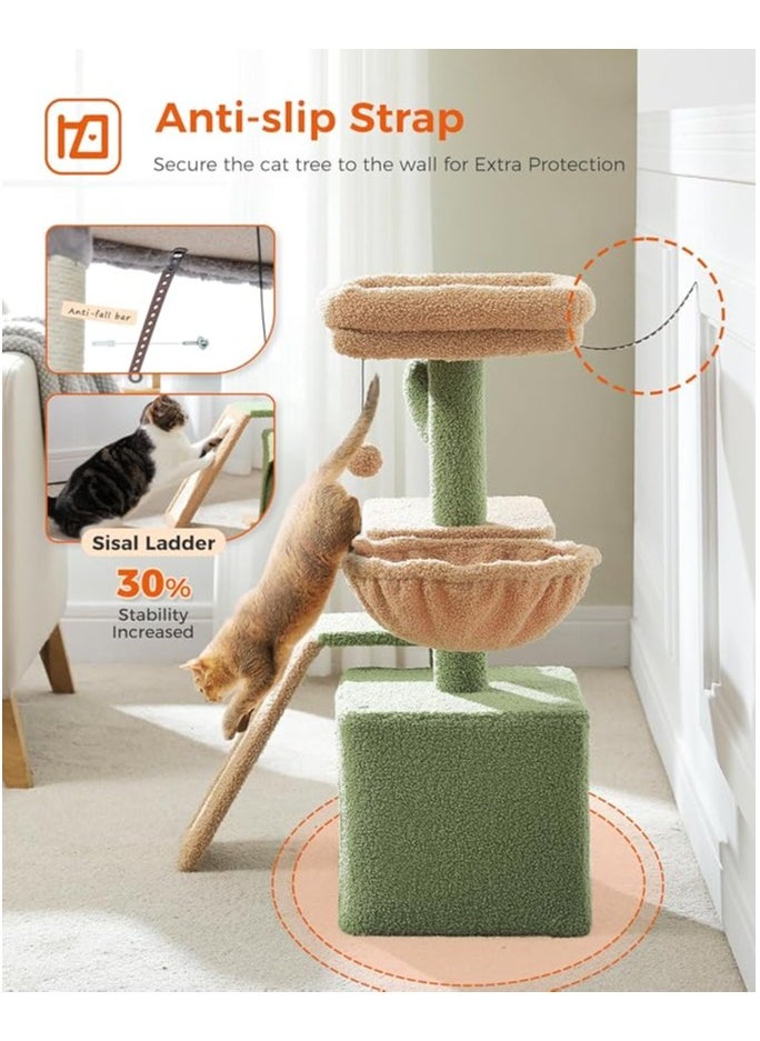 Cactus Cat Tree for Indoor Cats, 80 CM Small Cat Tower Cat Condo with Sisal Scratching Ramp, Cozy Hammock and Removable Top Bed Perch for Kittens, Green 32“