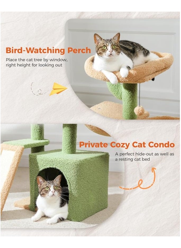 Cactus Cat Tree for Indoor Cats, 80 CM Small Cat Tower Cat Condo with Sisal Scratching Ramp, Cozy Hammock and Removable Top Bed Perch for Kittens, Green 32“