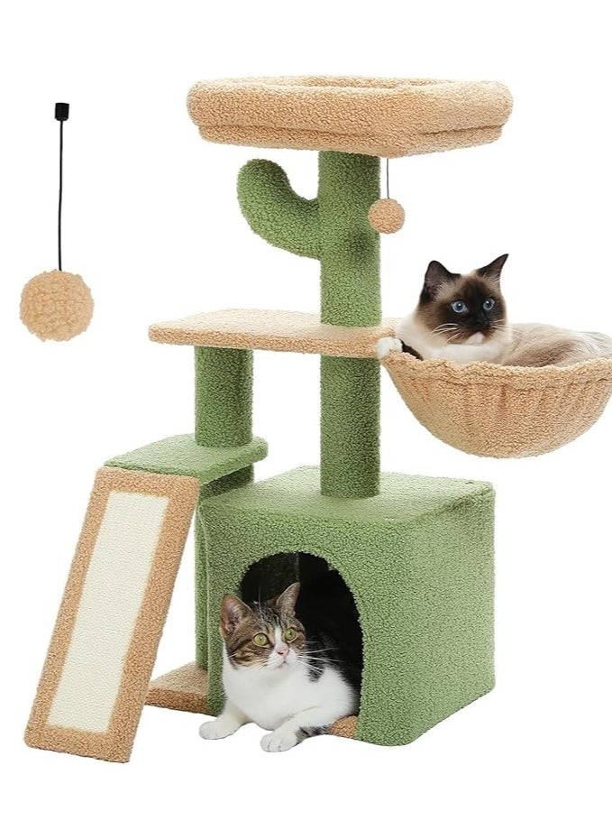 Cactus Cat Tree for Indoor Cats, 80 CM Small Cat Tower Cat Condo with Sisal Scratching Ramp, Cozy Hammock and Removable Top Bed Perch for Kittens, Green 32“
