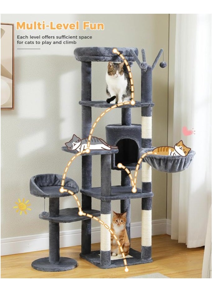 150cm Cactus Cat Tree, Tall Cat Tree for Large Cat, Multi-Level Cat Tower, Cat Tree for Indoor Cats, Cat Condo with Large Hammock, Scratching Post, and 2 Perches (Dark Grey)