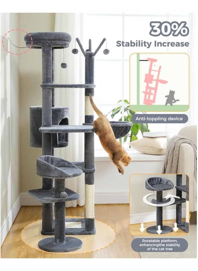 150cm Cactus Cat Tree, Tall Cat Tree for Large Cat, Multi-Level Cat Tower, Cat Tree for Indoor Cats, Cat Condo with Large Hammock, Scratching Post, and 2 Perches (Dark Grey)