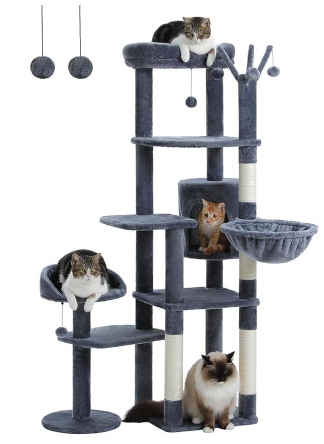 150cm Cactus Cat Tree, Tall Cat Tree for Large Cat, Multi-Level Cat Tower, Cat Tree for Indoor Cats, Cat Condo with Large Hammock, Scratching Post, and 2 Perches (Dark Grey)
