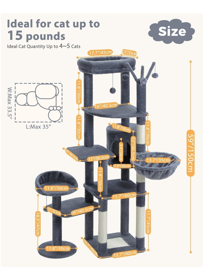 150cm Cactus Cat Tree, Tall Cat Tree for Large Cat, Multi-Level Cat Tower, Cat Tree for Indoor Cats, Cat Condo with Large Hammock, Scratching Post, and 2 Perches (Dark Grey)