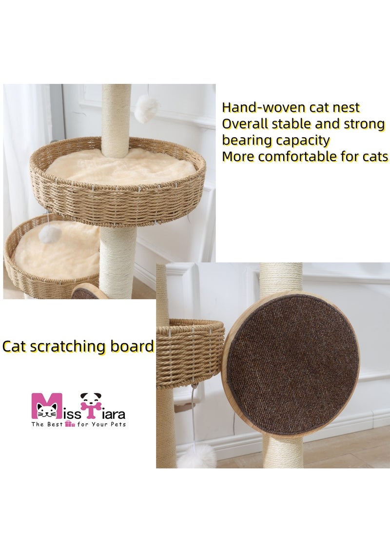 Cat Tree Tower, Cat Scratching Posts,Cat Furniture Scratching Tree for Indoor Cat, Three-tiered platform for cats to jump freely, Solid wood Manual Hand Woven Cat House, Unique New Cat Condo High-end Design Cat Furniture Activity Centre, Easy Clean Best Gift for Cat